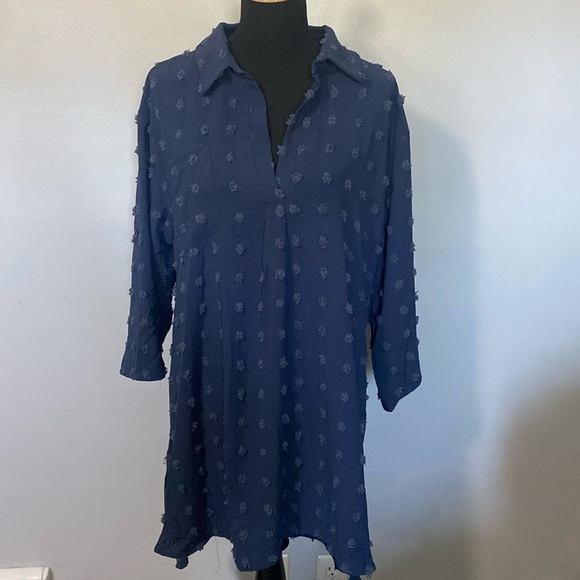 B Tunic Dress Collared V-Neck Swiss-dot Pom 3/4 Button-up Sleeves Sz XL - Picture 1 of 8